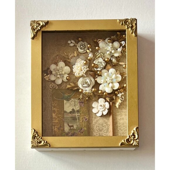 Vintage Gold Framed Flower Artwork With Pearls & Beads - Picture 7 of 10